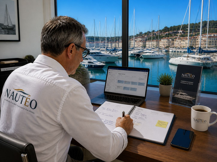 Courtier Nautéo au travail face au port